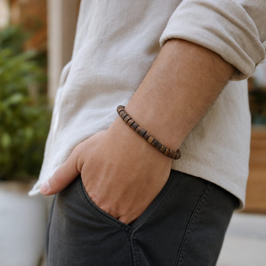 Slim agarwood barrel bead bracelet styled for everyday wear