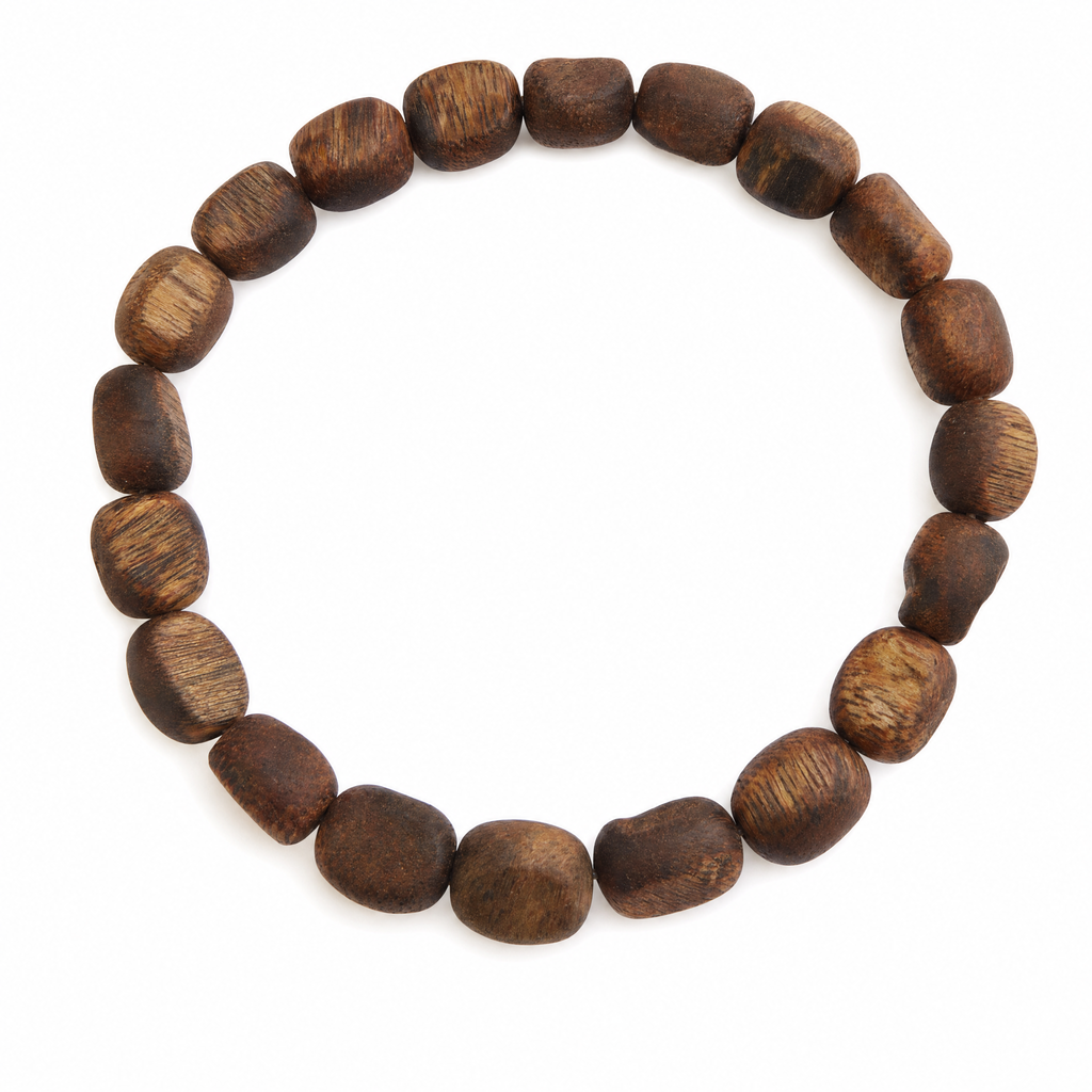 Rustic natural agarwood oval bead bracelet on white background