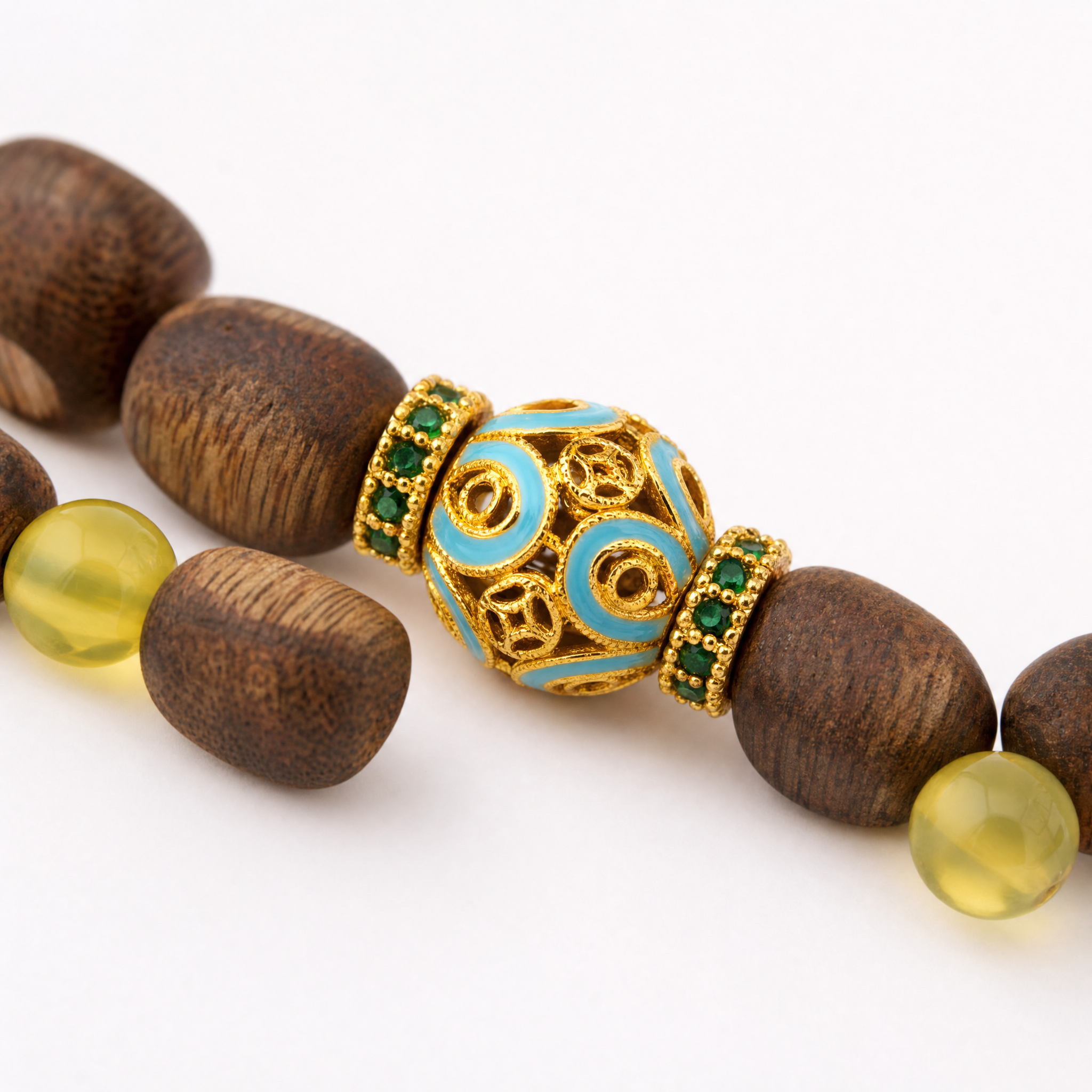 Detailed close-up of agarwood bracelet with citrine accent beads