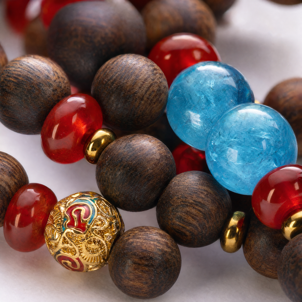 Close-up of double wrap agarwood bracelet with blue and red beads