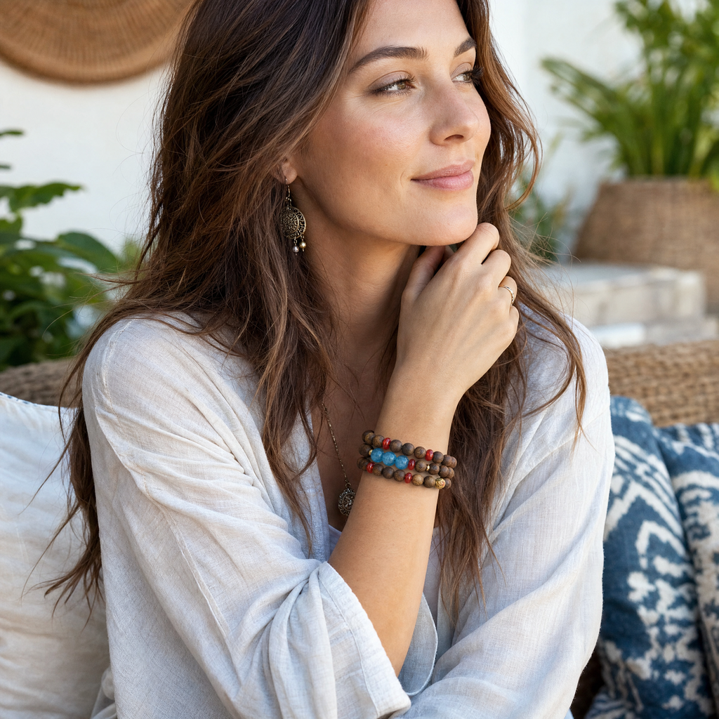 Woman wearing double wrap agarwood bracelet with blue and red beads