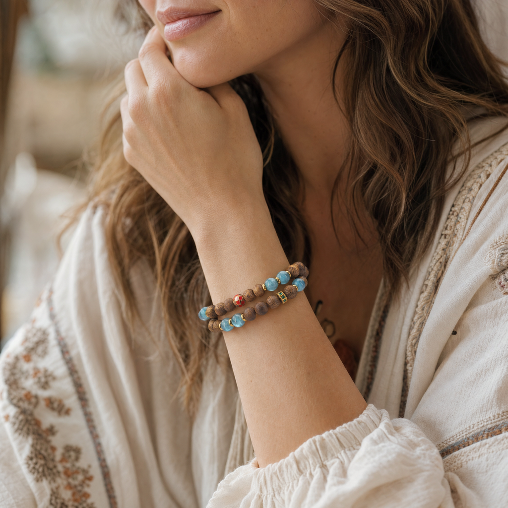 Woman wearing double wrap agarwood bracelet with blue accent beads