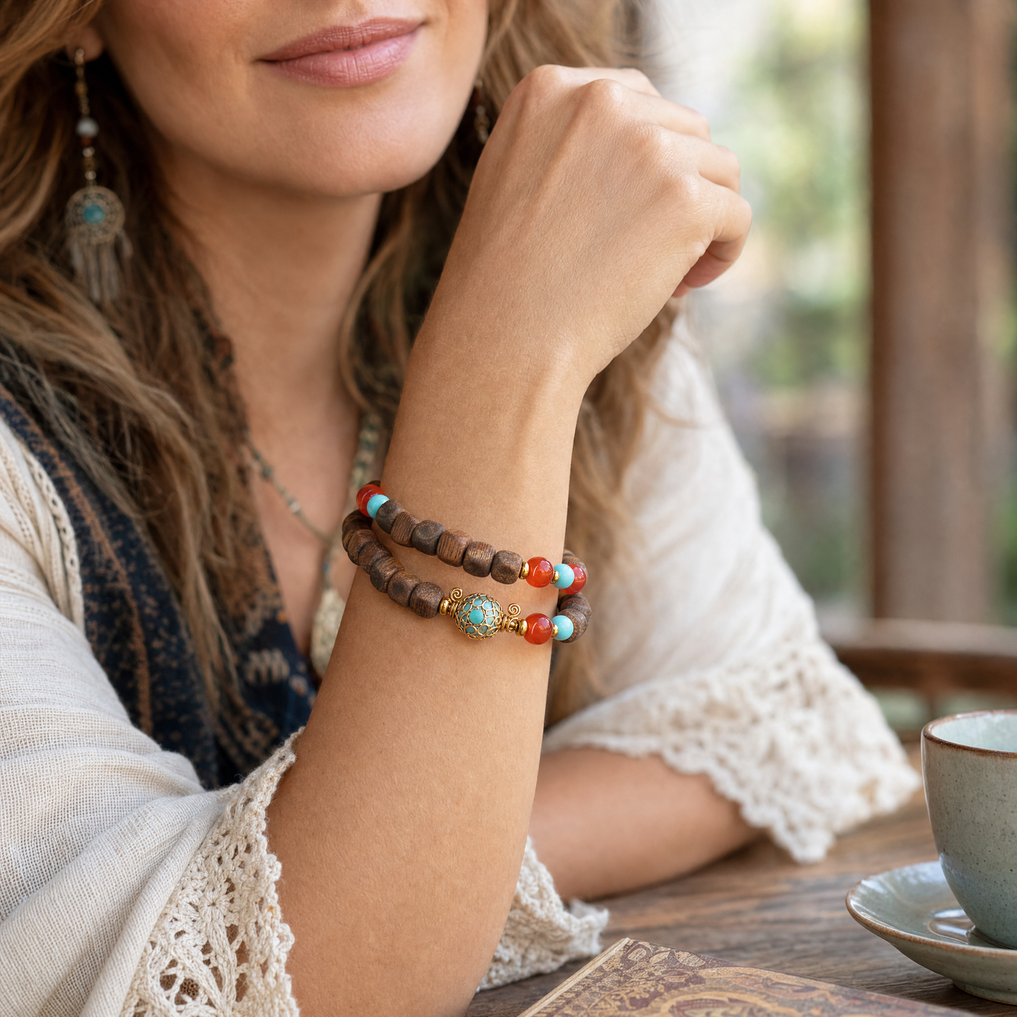Woman wearing double wrap agarwood bracelet with turquoise and red beads