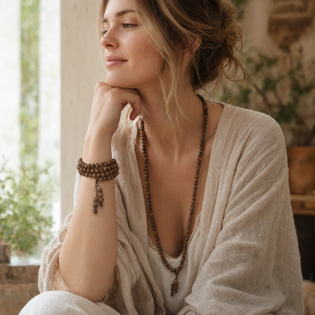 Woman wearing 108-bead agarwood mala wrap bracelet