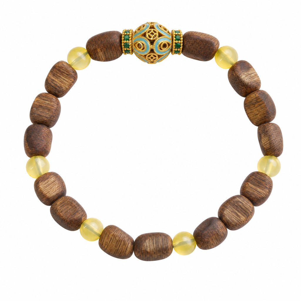 Agarwood bracelet with citrine accent beads on white background