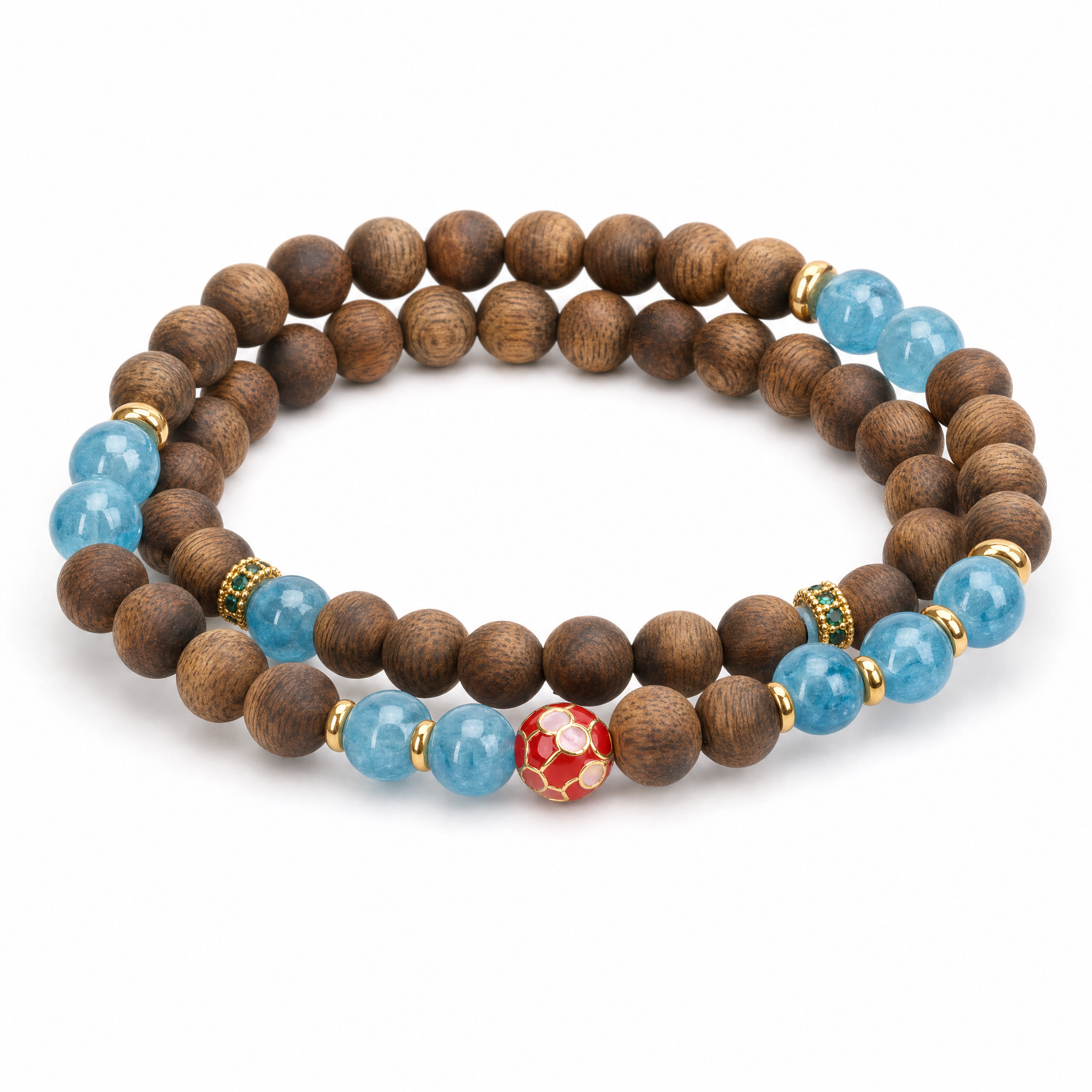 Double wrap agarwood bracelet with blue accent beads on white background