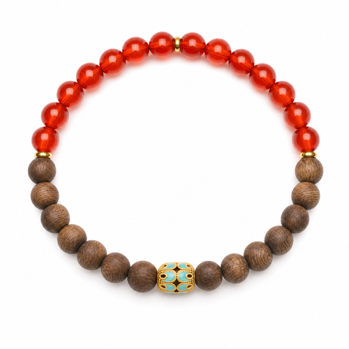 Agarwood bracelet with red agate accent beads on white background