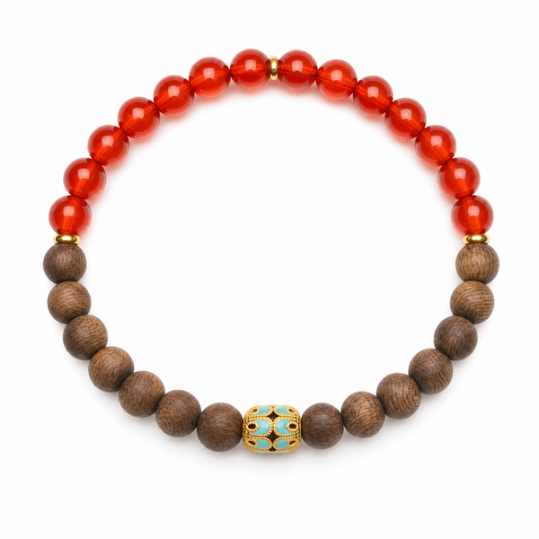 Agarwood bracelet with red agate accent beads on white background