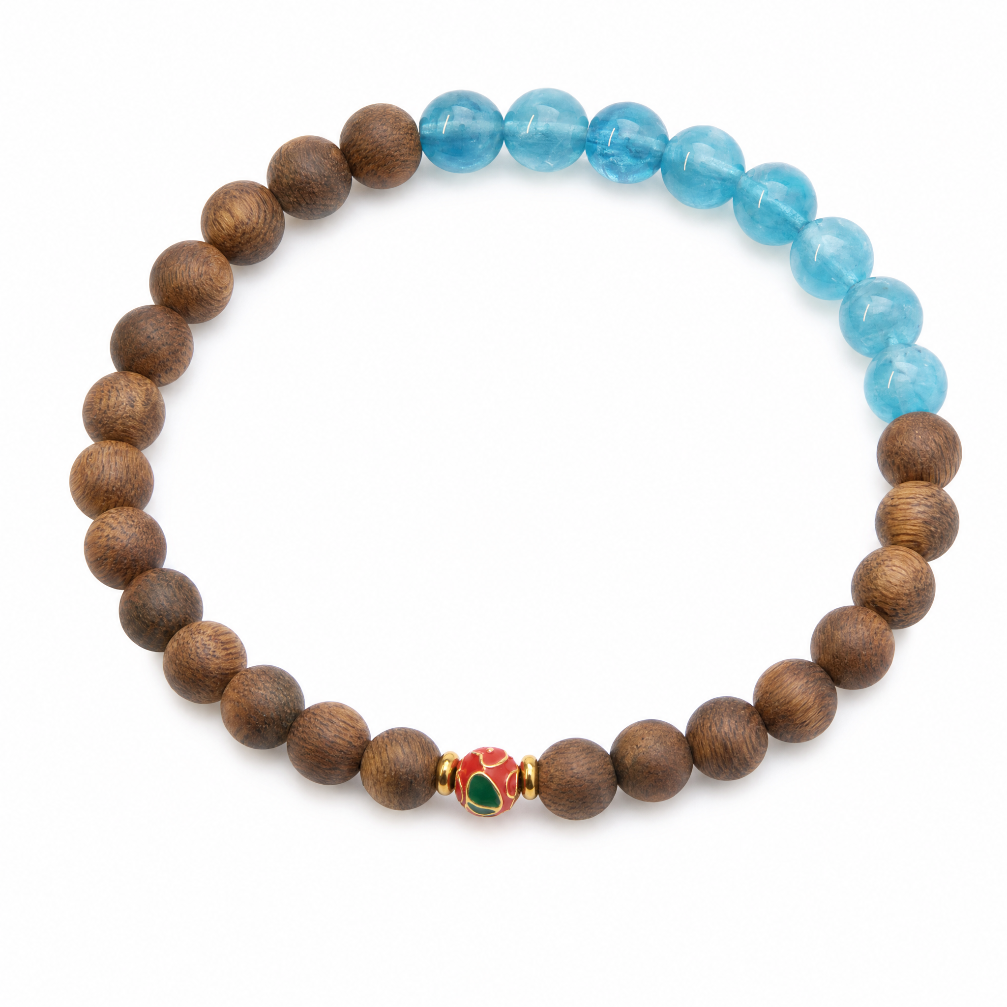 Agarwood bracelet with blue crystal accent beads on white background