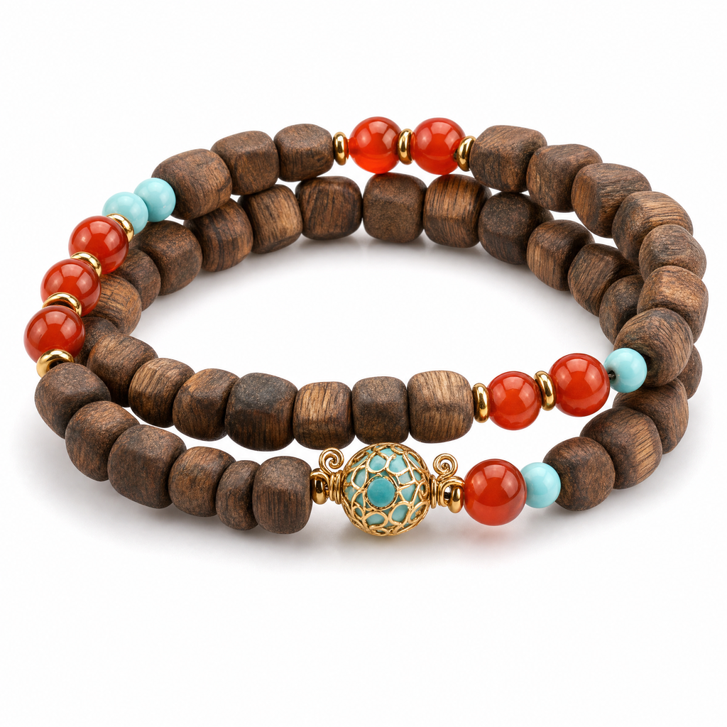 Double wrap agarwood bracelet with turquoise and red accent beads on white background