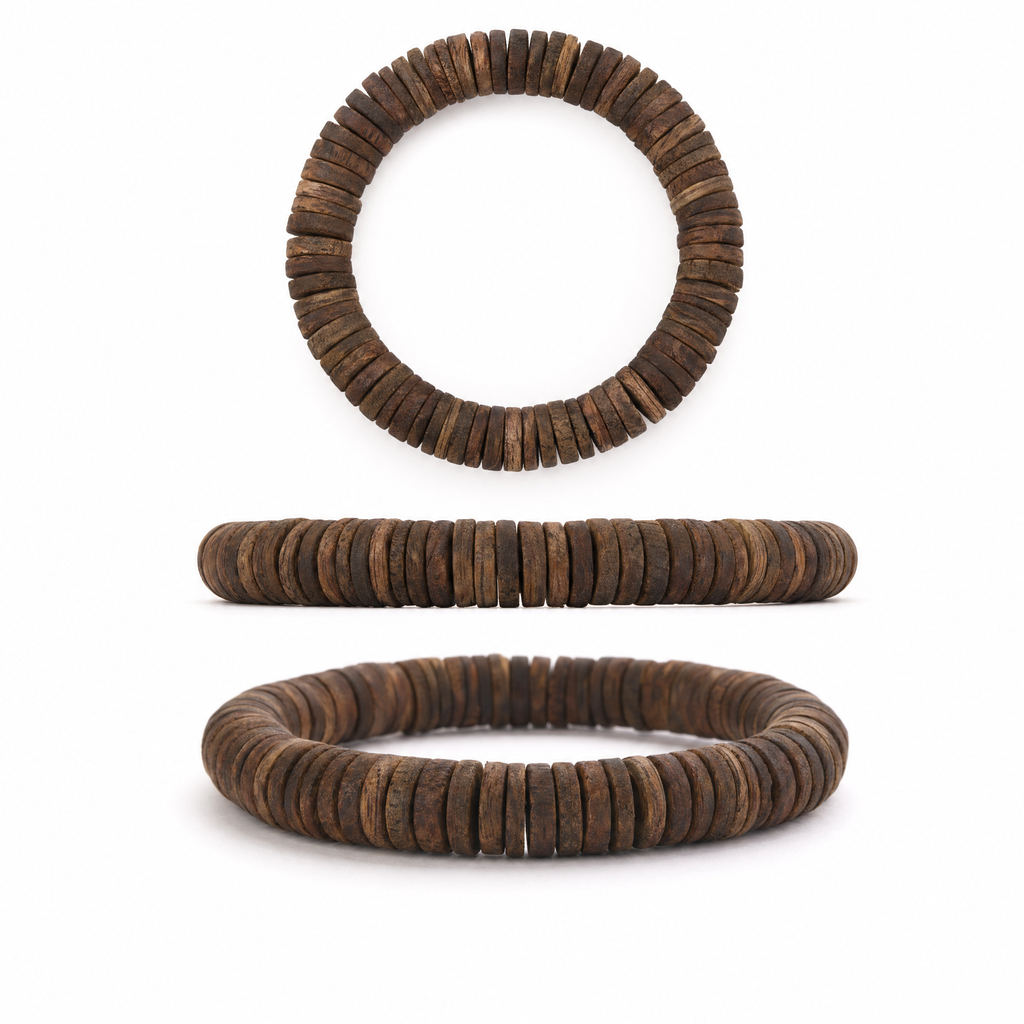 Multiple angles of stacked agarwood disc bead bracelet