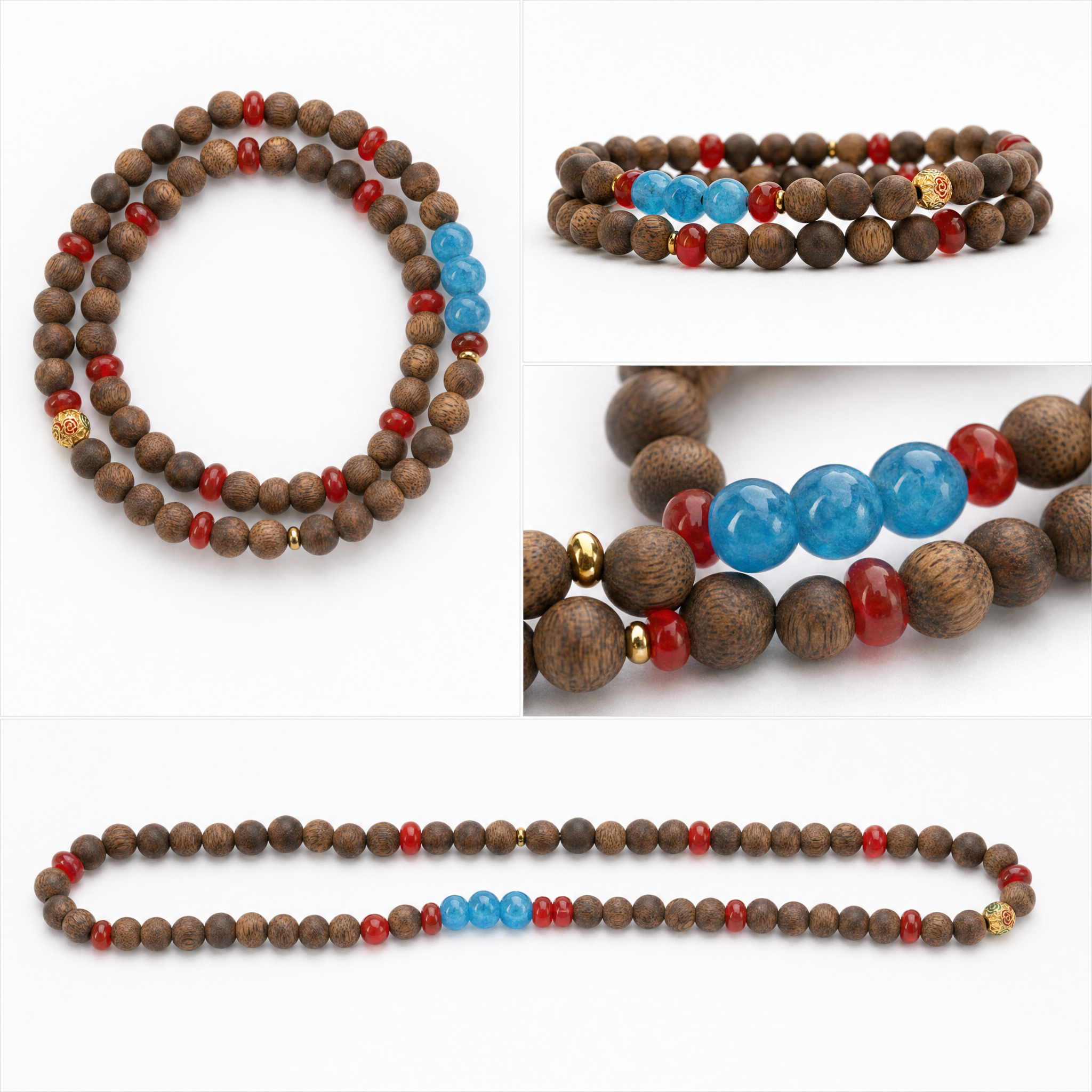 Multiple angles of double wrap agarwood bracelet with blue and red beads