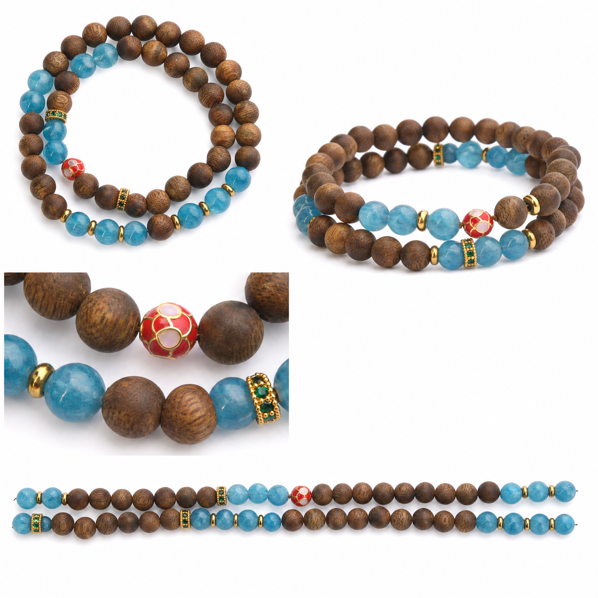 Multiple angles of double wrap agarwood bracelet with blue accent beads
