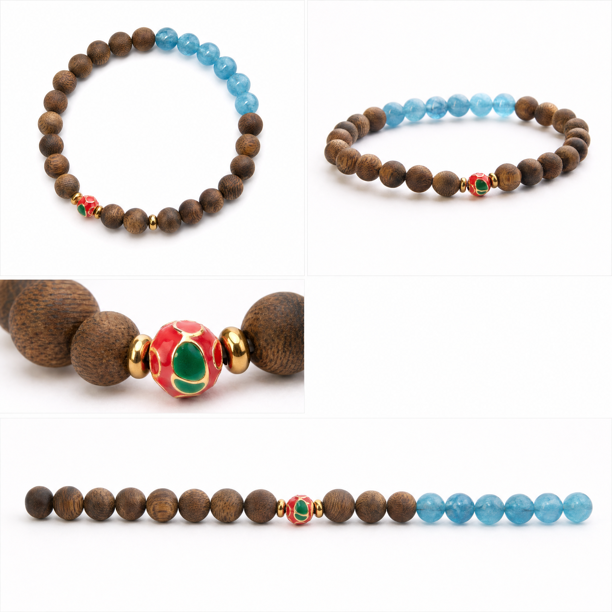 Multiple angles of agarwood bracelet with blue crystal accent beads