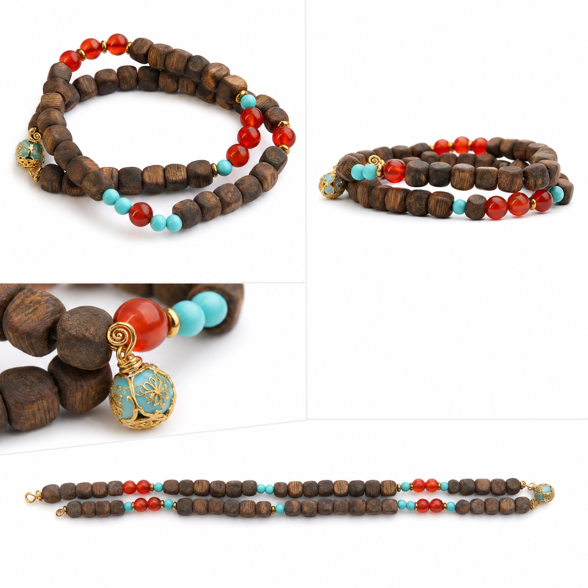 Multiple angles of double wrap agarwood bracelet with turquoise and red beads