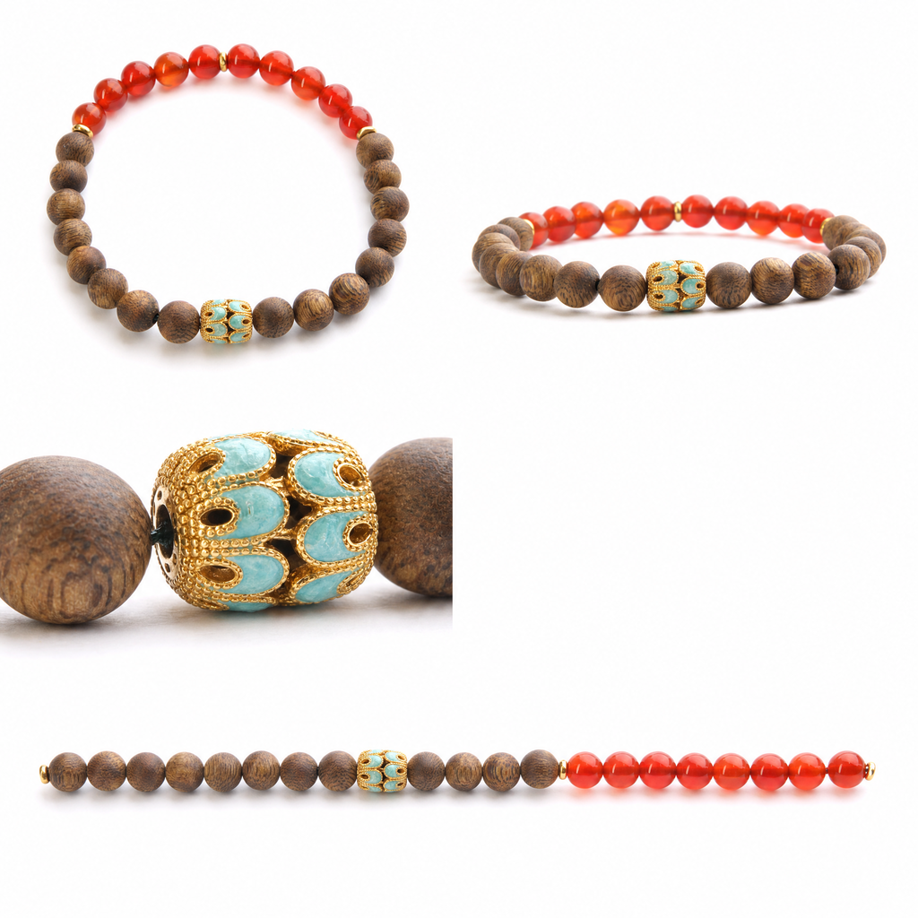 Multiple angles of agarwood bracelet with red accent beads
