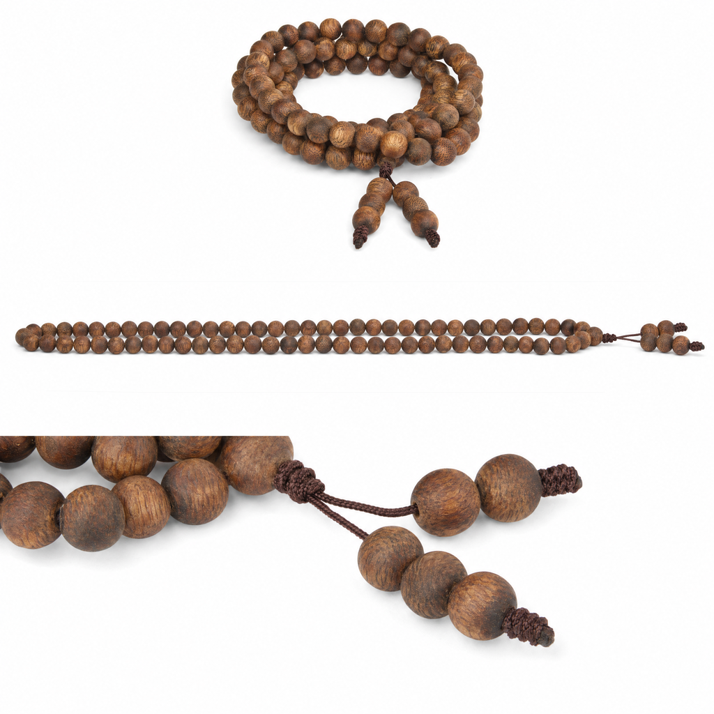 Multiple angles of 108-bead agarwood mala wrap bracelet