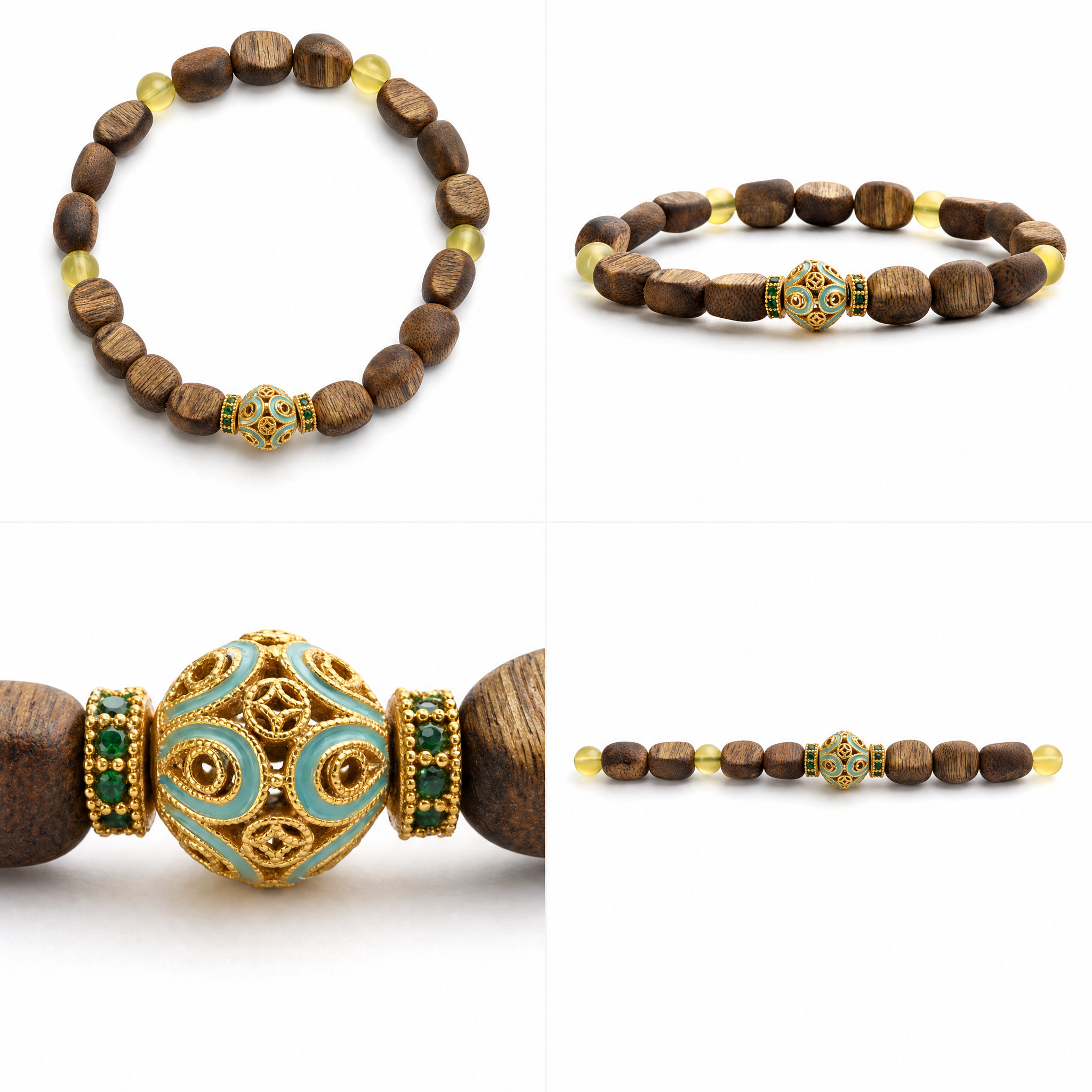 Multiple angles of agarwood bracelet with citrine accent beads