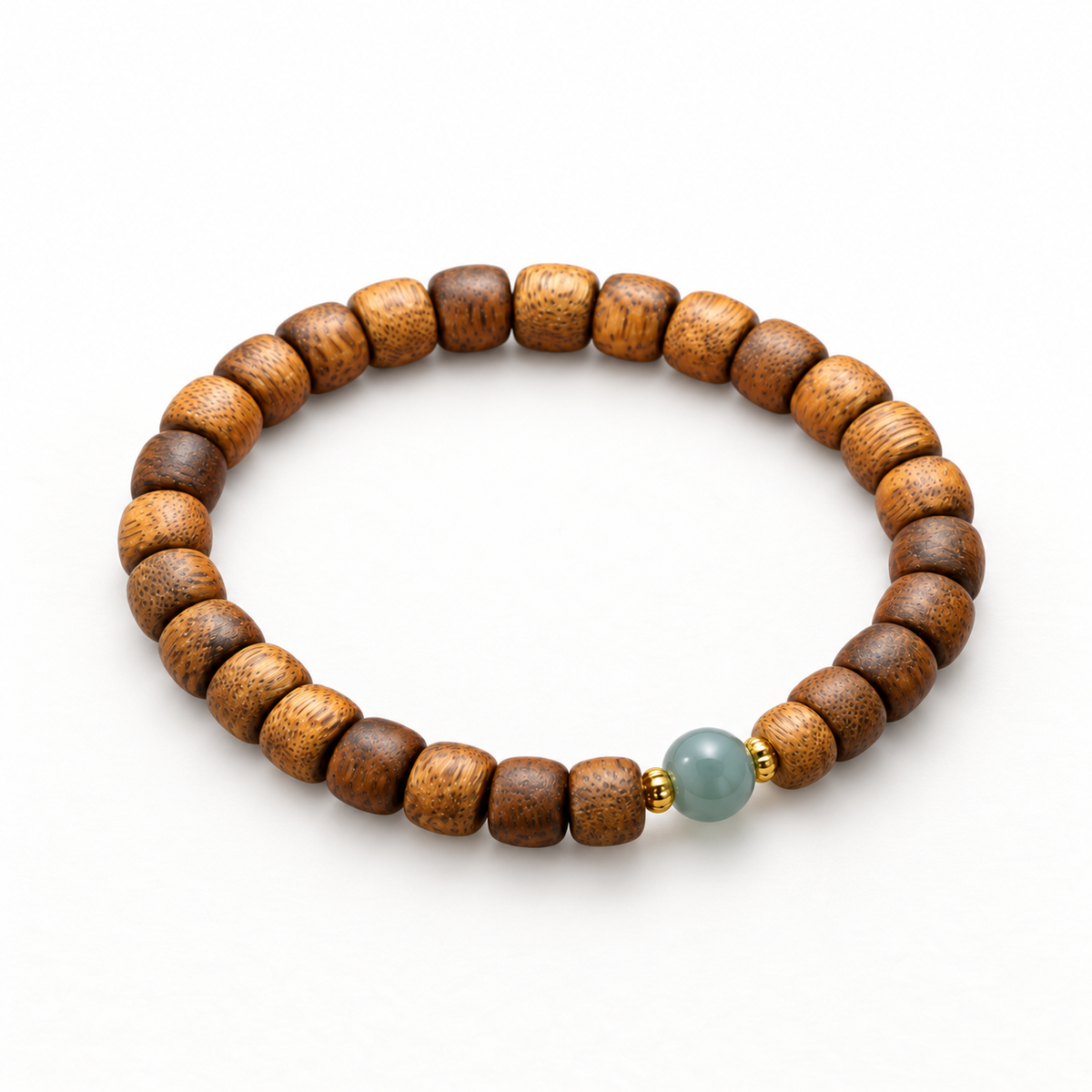 Blue-Green Accent Agarwood Barrel Bead Bracelet — complete bracelet in an angled studio view