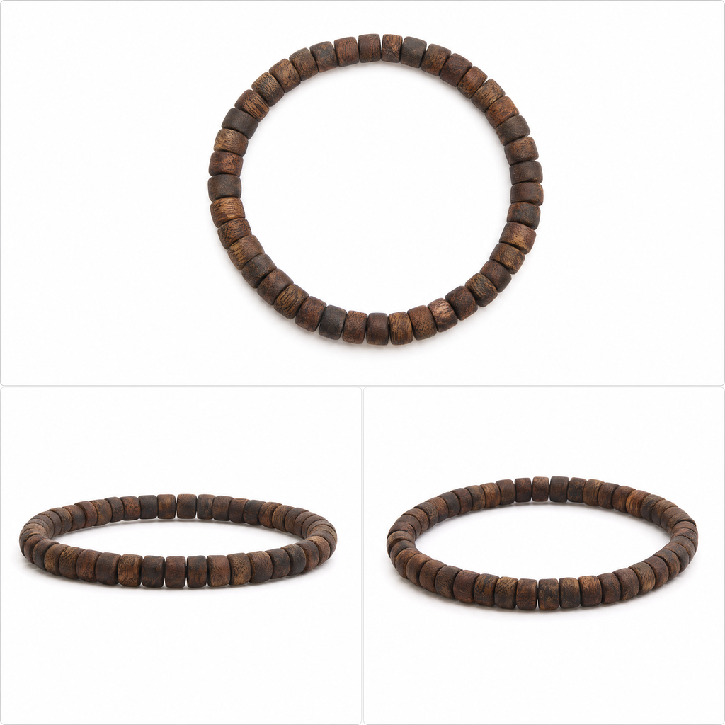 Multiple angles of slim agarwood barrel bead bracelet