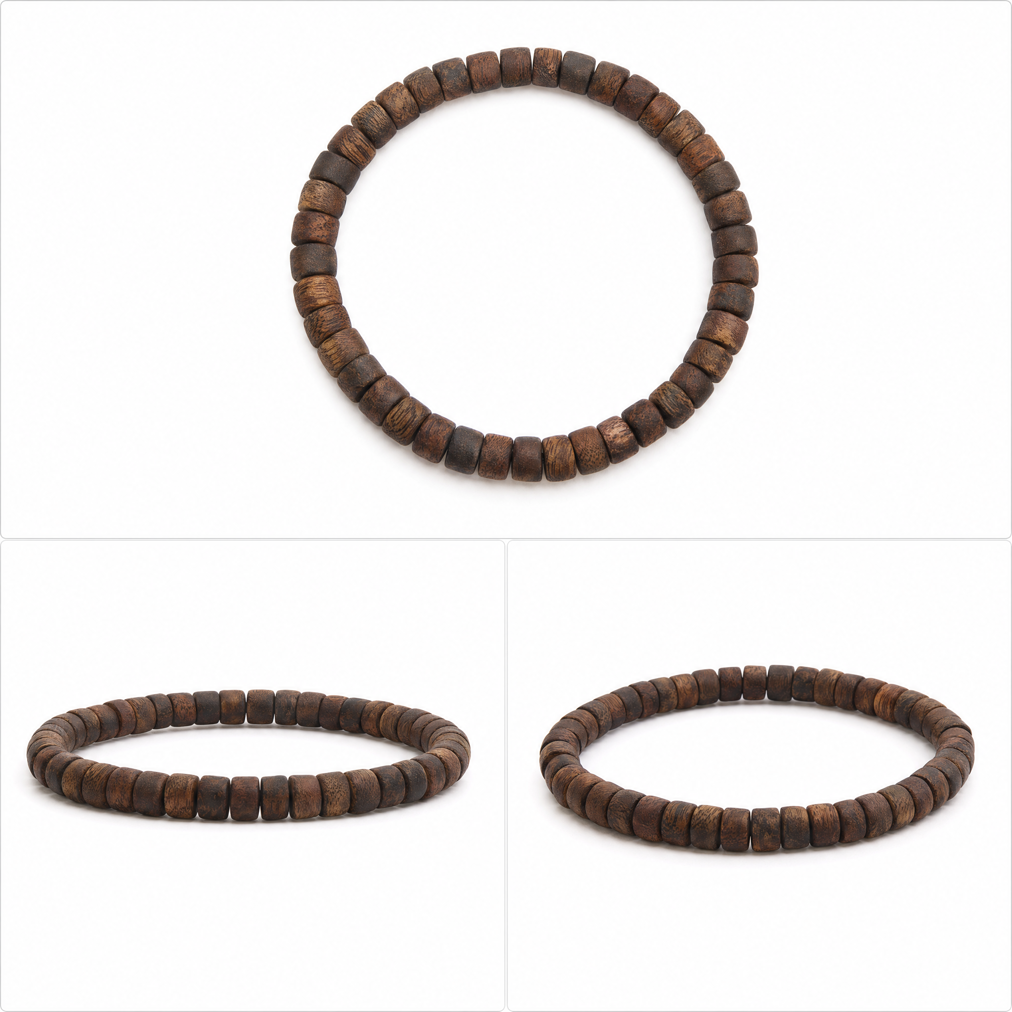 Multiple angles of slim agarwood barrel bead bracelet