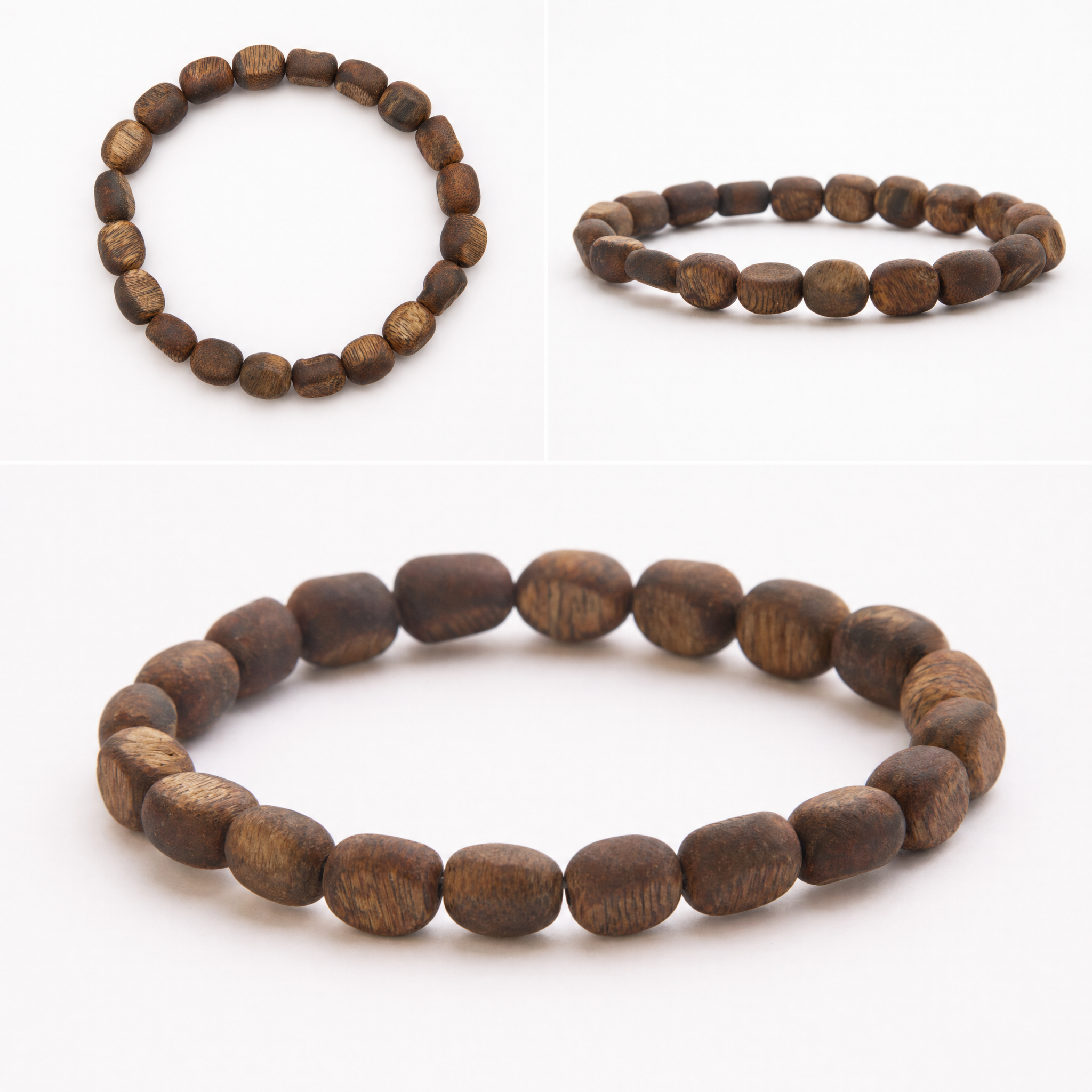 Multiple angles of rustic agarwood oval bead bracelet