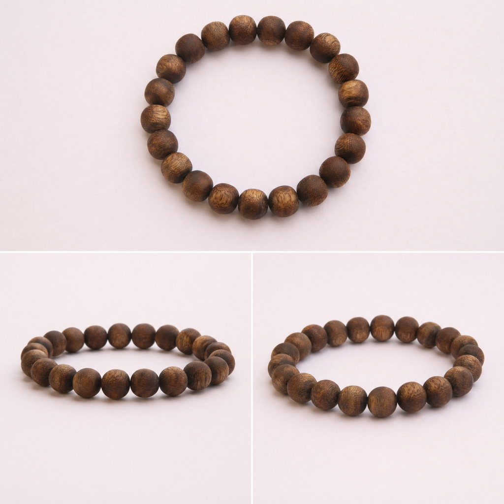 Multiple angles of classic agarwood round bead bracelet