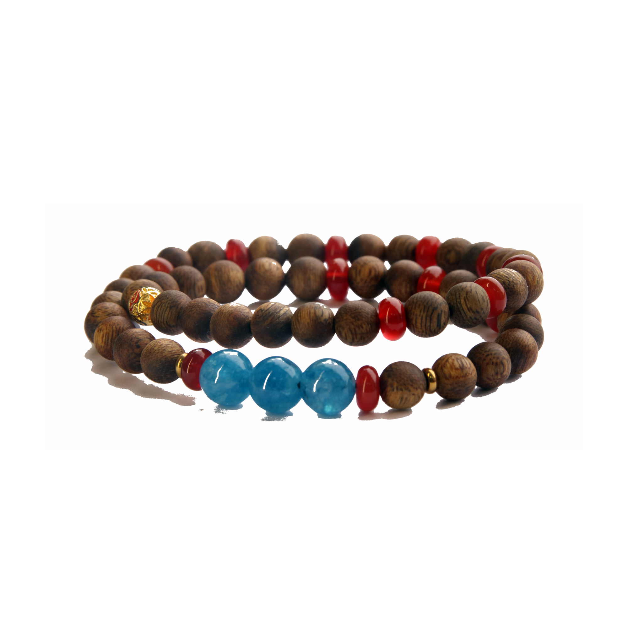 Double Wrap Agarwood Bracelet with Blue and Red Accent Beads on white background