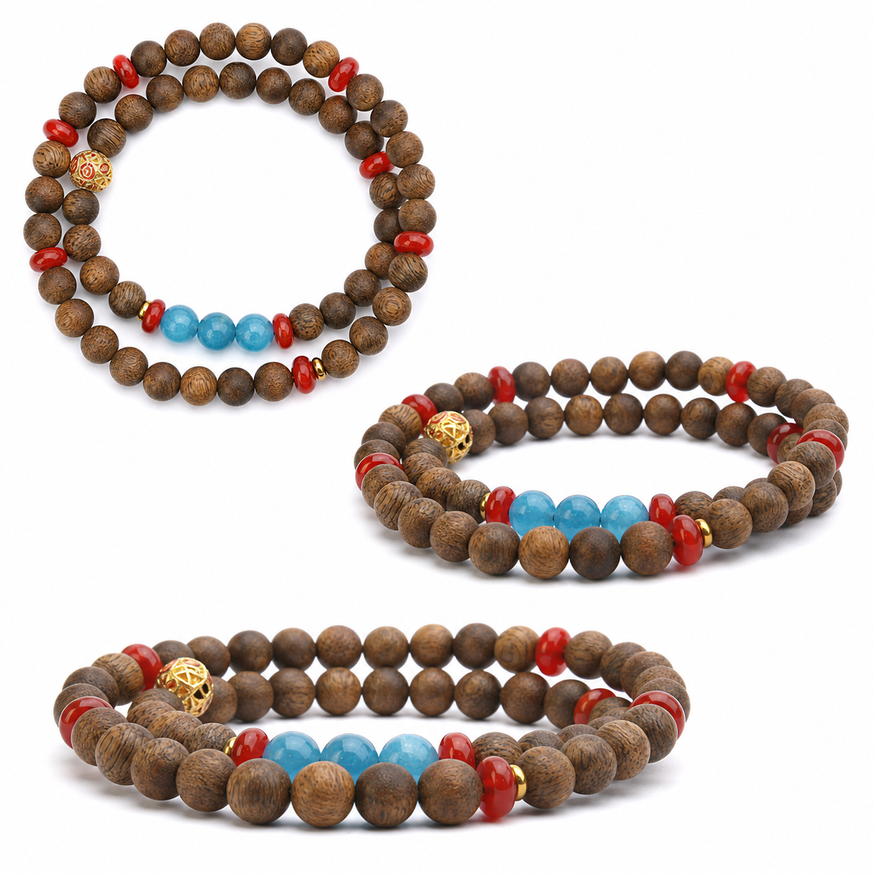 Multi-angle views of one continuous double-wrap agarwood bracelet with blue and red accent beads
