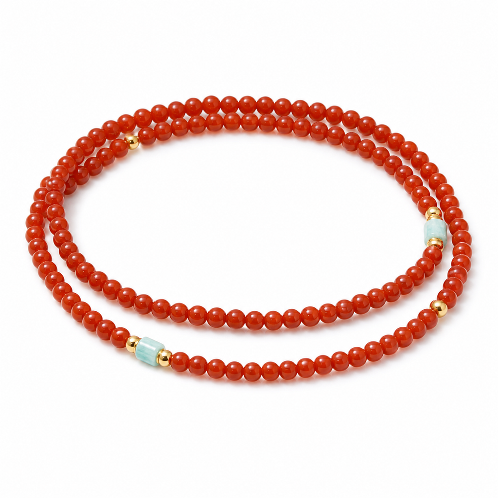 Double Wrap Nanhong Red Agate Cord Bracelet on white background