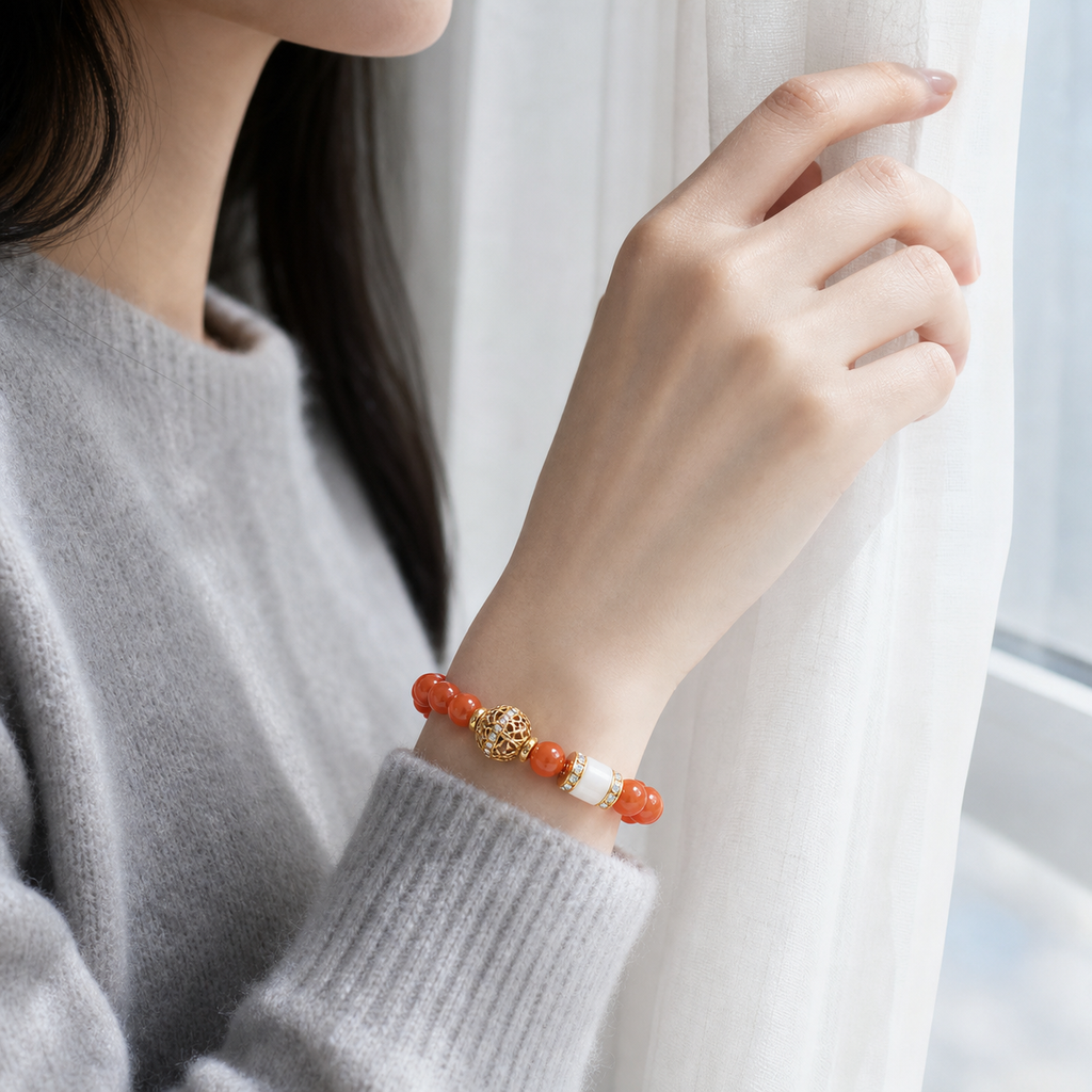 White Accent Nanhong Red Agate Bead Bracelet product detail 3