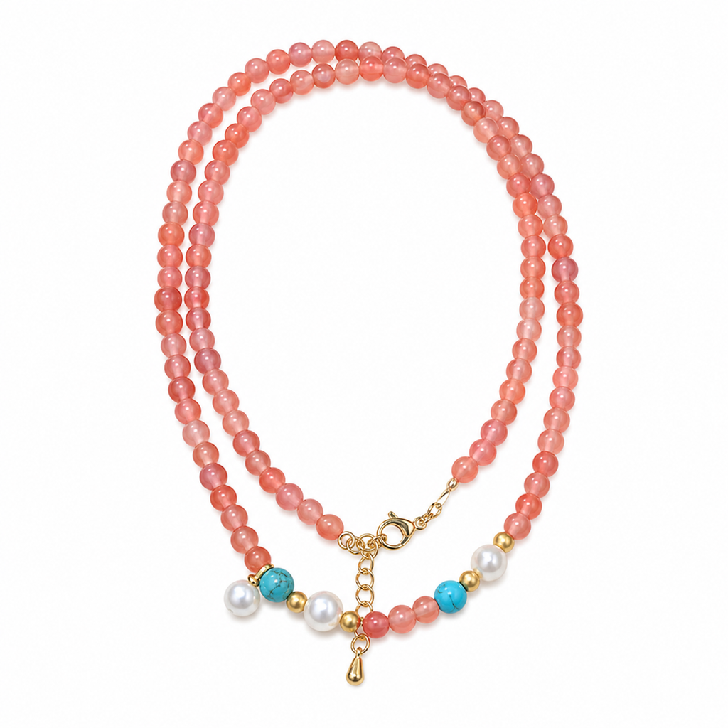 Long Nanhong Red Agate Bead Wrap Bracelet on white background