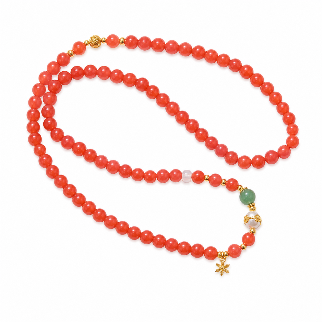 Long Nanhong Red Agate Mala Wrap Bracelet on white background