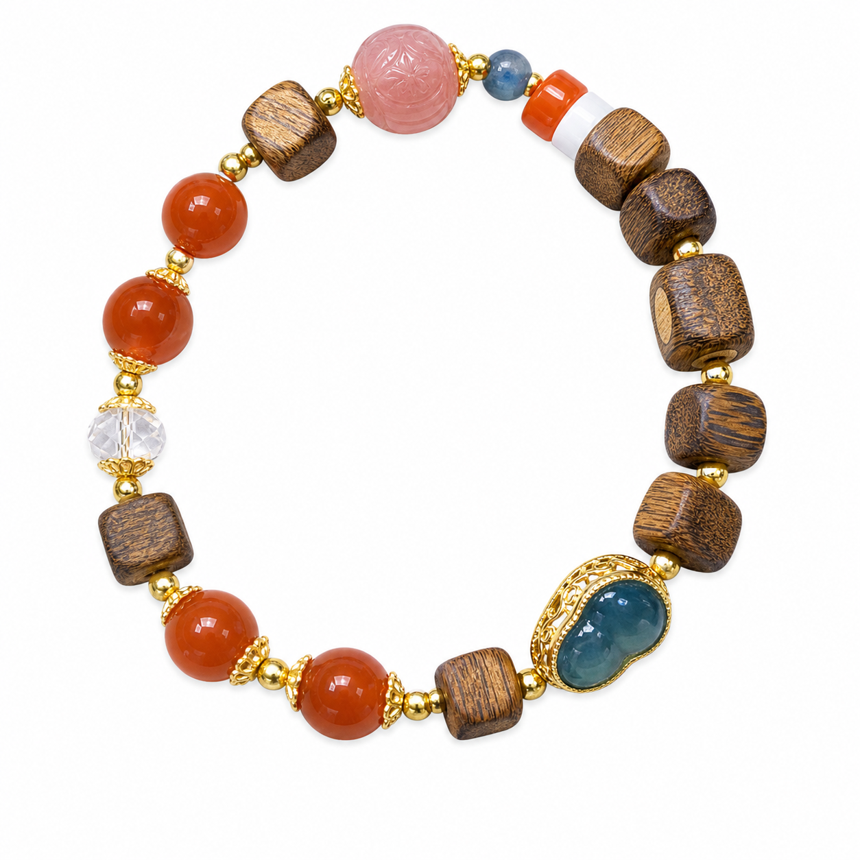 Mixed Stone Nanhong Red Agate Charm Bracelet on white background