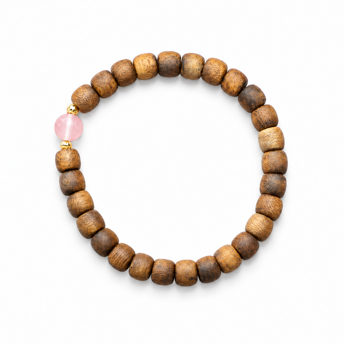 Pink Accent Agarwood Barrel Bead Bracelet — full view on a white background