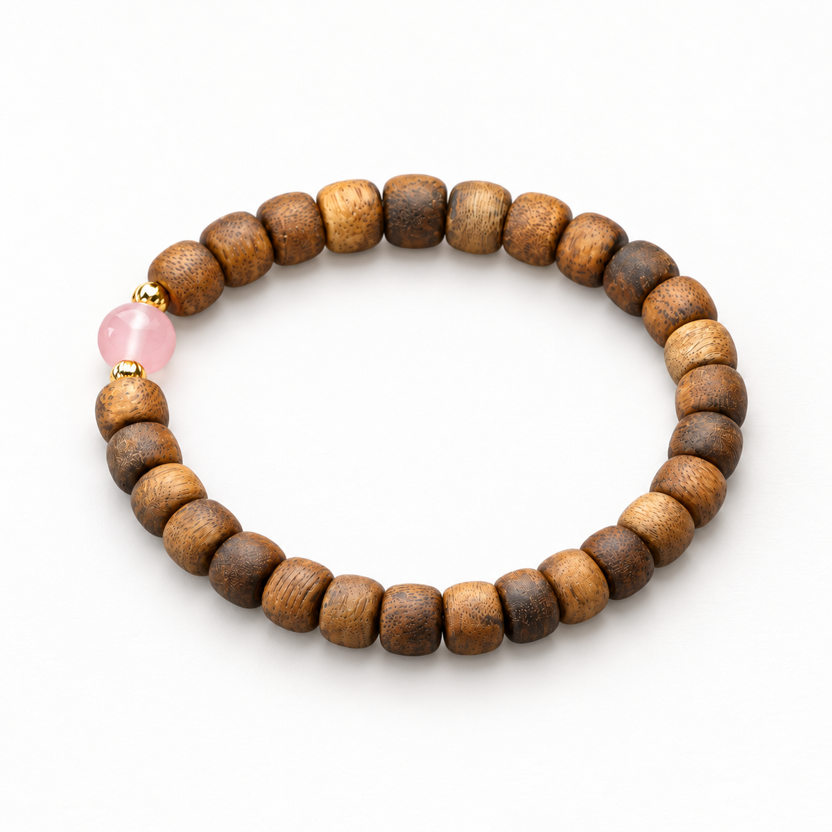 Pink Accent Agarwood Barrel Bead Bracelet — complete bracelet in an angled studio view