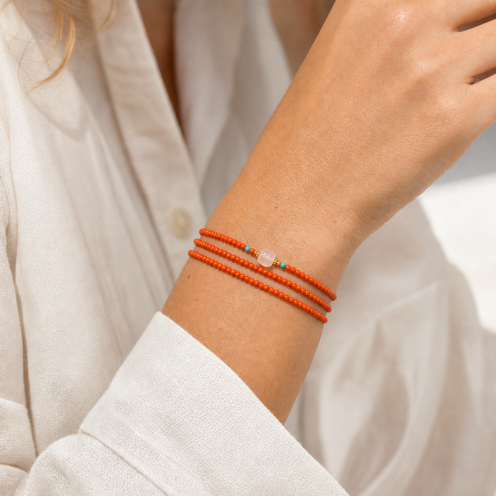 Slim Nanhong Red Agate Cord Bracelet worn as a multi-loop wrap bracelet
