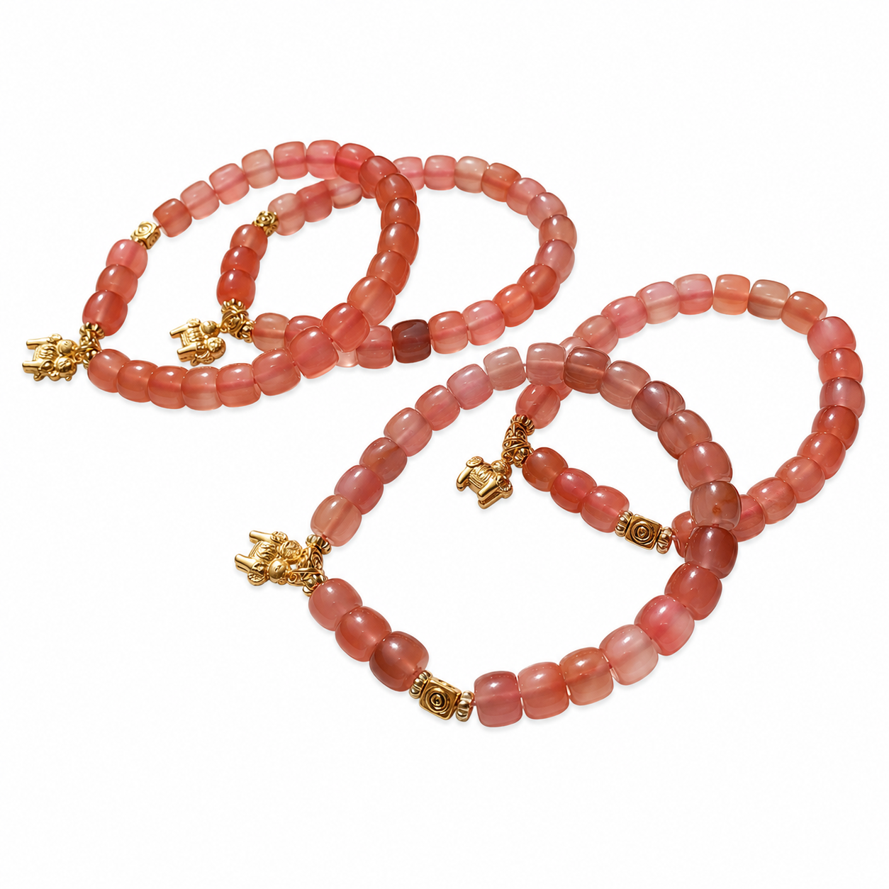 Stacked Nanhong Red Agate Bead Bracelet Set on white background