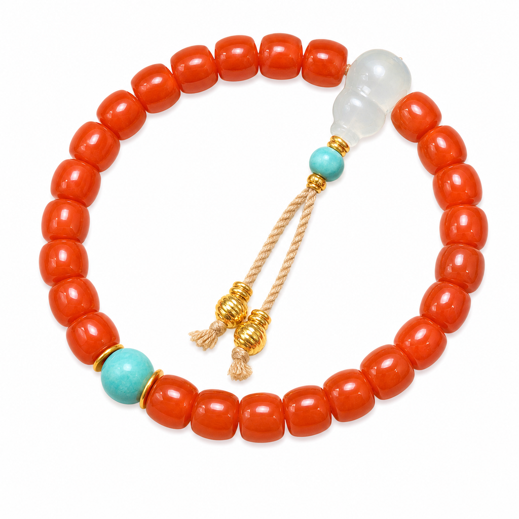 Turquoise Accent Nanhong Red Agate Bracelet on white background